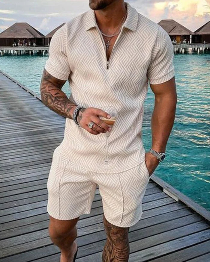 Lukas | Poloshirt- und Shorts-Set in Creme für Herren mit Reverskragen
