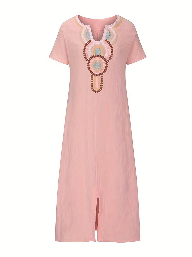 Demi | Boho Maxi Split Kleid für Damen mit Ausschnitt und kurzen Ärmeln