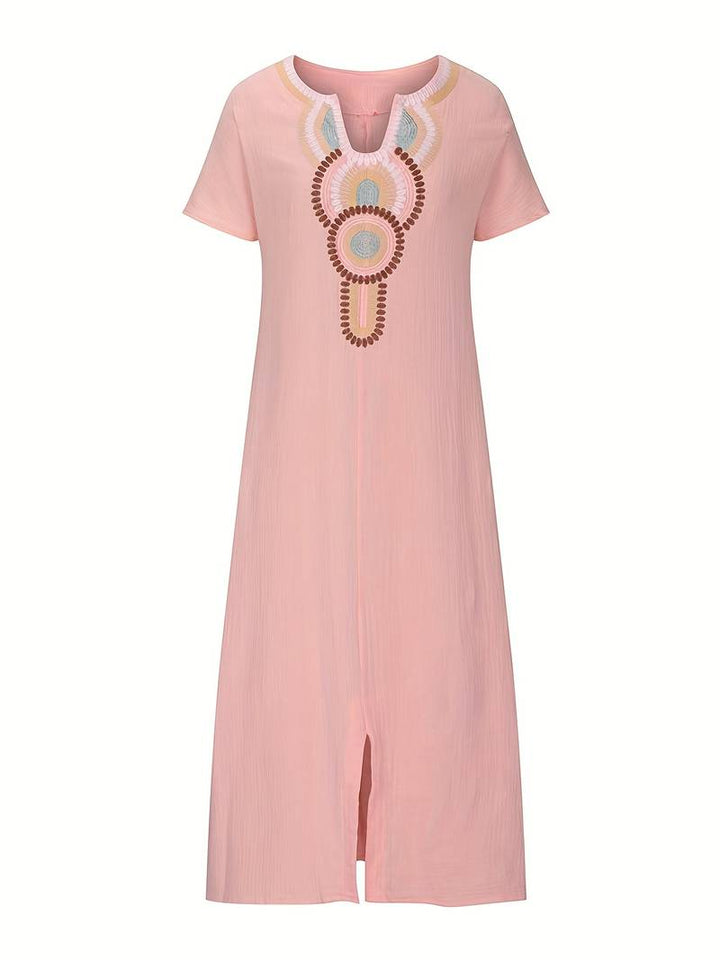 Demi | Boho Maxi Split Kleid für Damen mit Ausschnitt und kurzen Ärmeln
