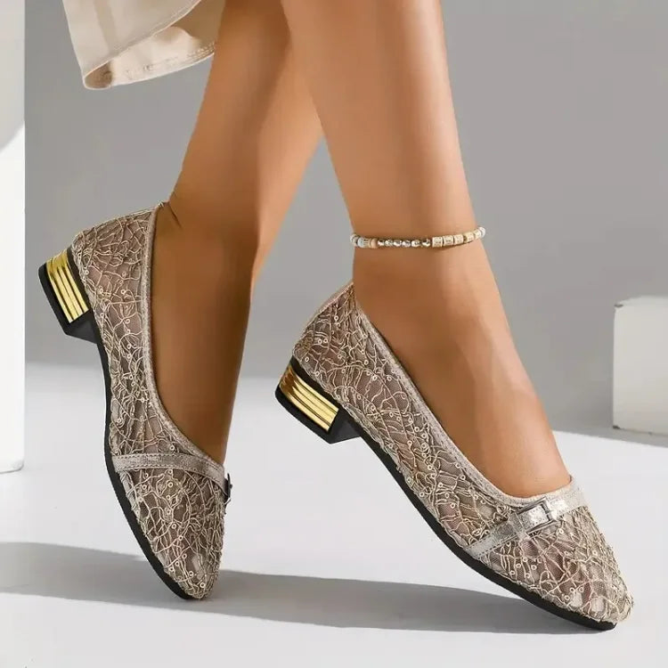 Damen Freizeit Slipper und Mesh mit niedrigem Absatz und Blumenmuster