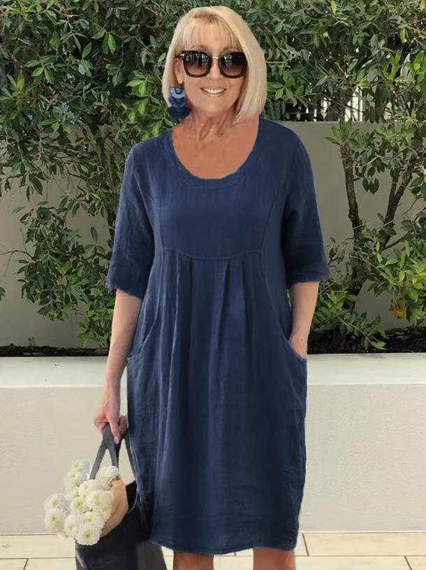 Lena | Entspanntes Faltenkleid für Damen mit Taschen und Rundhalsausschnitt