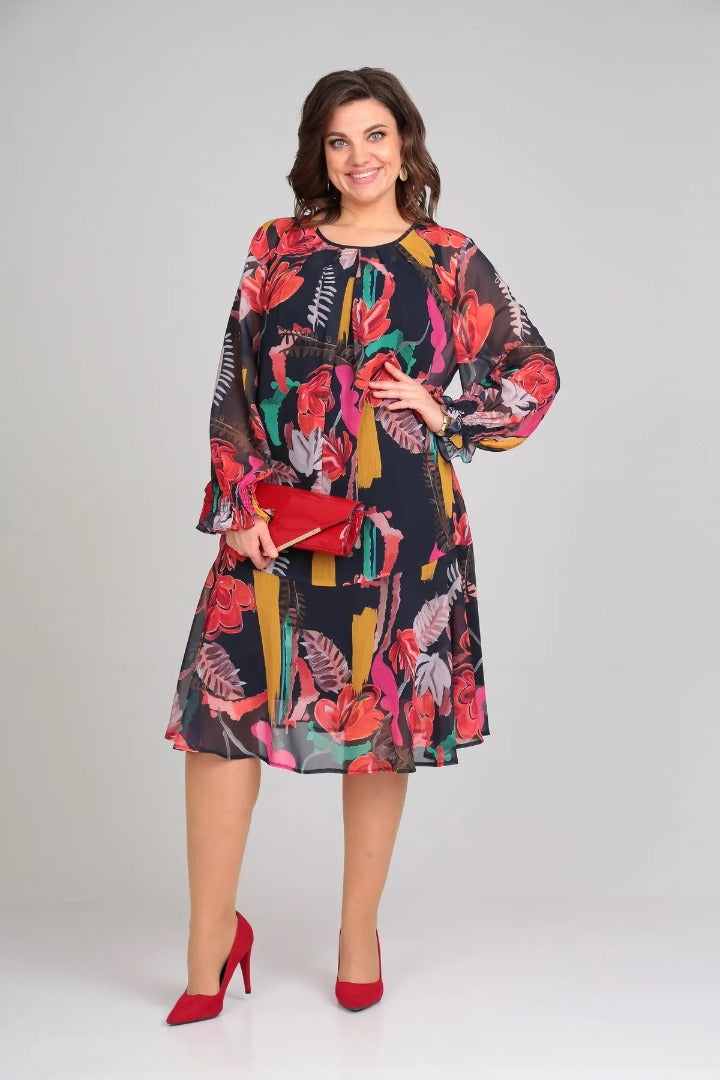 Andrea | Modisches Blumenkleid für Damen mit Rundhalsausschnitt und langen Ärmeln