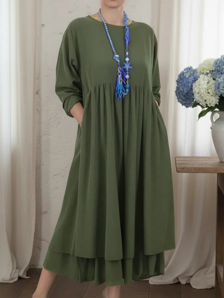 Lässiges Midi-Kleid für Damen mit doppeltem Saumdesign und Rundhalsausschnitt