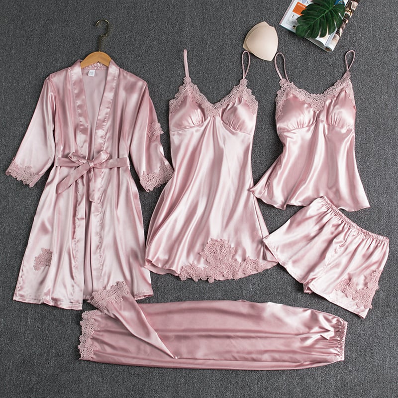 Elegantes Damen-Nachtkleid-Set aus Eis- | 5 Teile mit langen Ärmeln