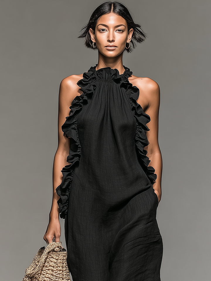 Emma | Damen Ärmelloses Halter Maxikleid mit Rüschen