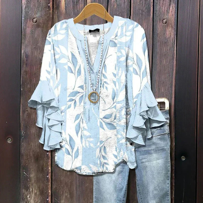 Leena | Vintage Blumen Rüschensleeve Bluse für Damen mit V-Ausschnitt