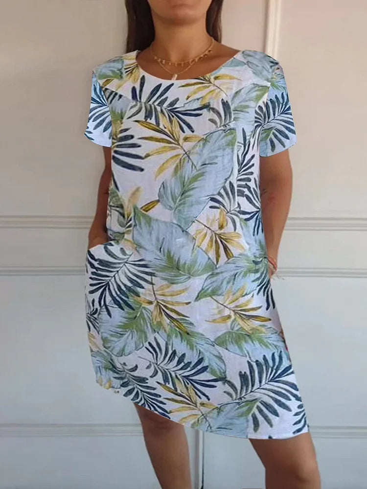 Sommerkleid für Damen mit Taschen und lebhaftem Druck und Blumenmuster