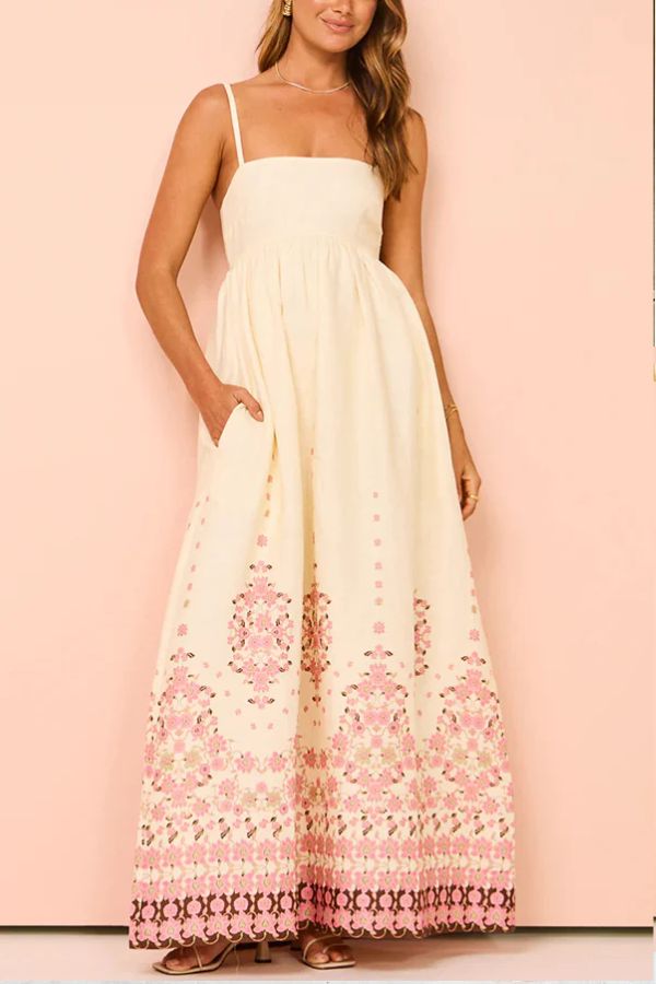 Wendy Floral Paradise Maxi Kleid | Trägerdesign, praktische Taschen, einzigartiger Druck und bequeme Passform für Damen