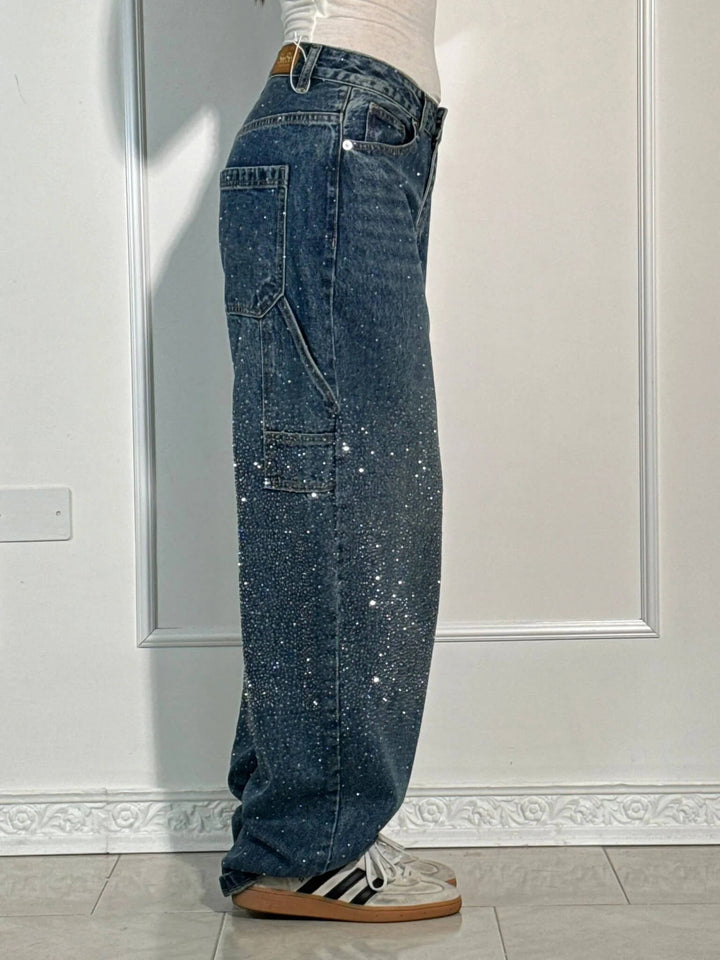 Glänzende Carpenter-Style Denim-Jeans für Damen mit weiter Passform und hohem Bund