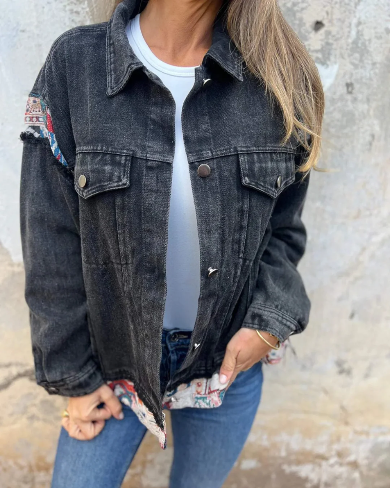 Eva | Denim Patchwork Freizeitjacke für Damen mit Streifen und langen Ärmeln