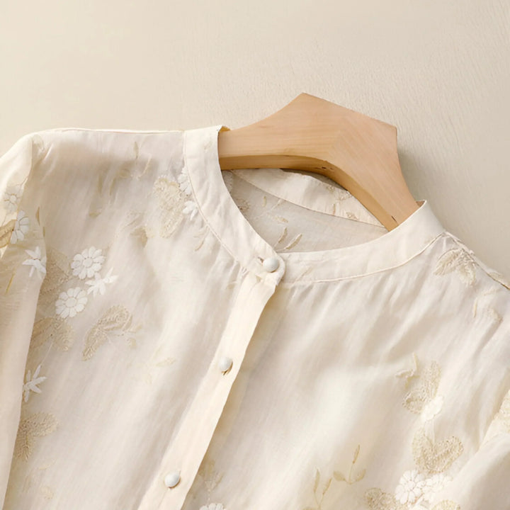 Emily | Bluse für Damen mit bestickten Blumen, Rundhalsausschnitt und langen Ärmeln