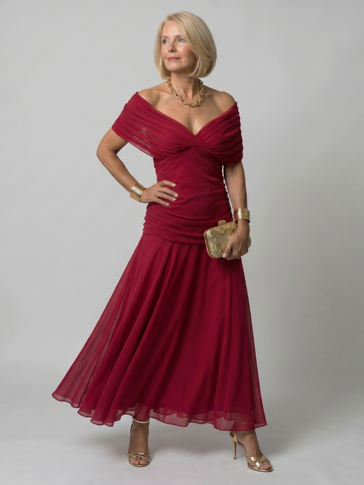 Calen | Anmutiges schulterfrei-Midi-Kleid für Damen mit Fließender Silhouette