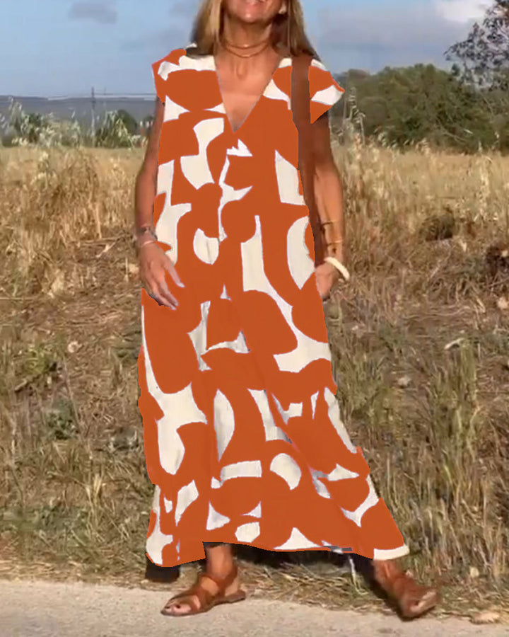 Kendall | Lässiges Abstract Midikleid für Damen mit V-Ausschnitt und kurzen Ärmeln