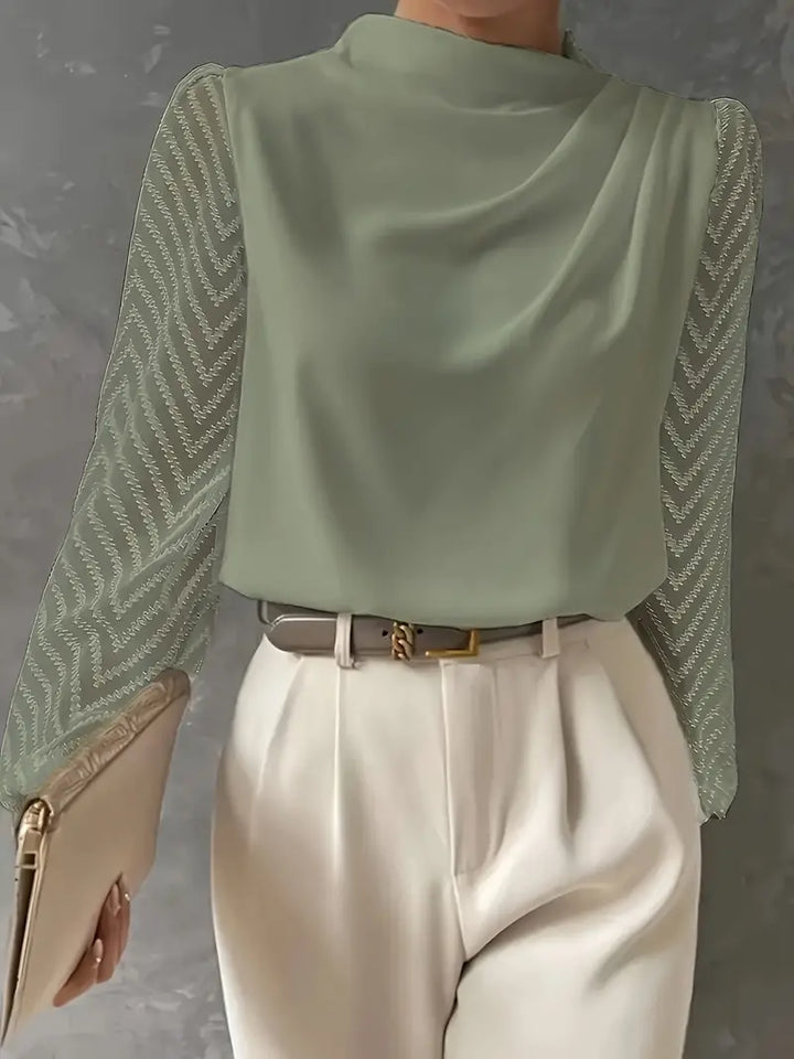 Samanta | Mocha-Bluse für Damen mit gerafftem Ausschnitt und transparenten Ärmeln