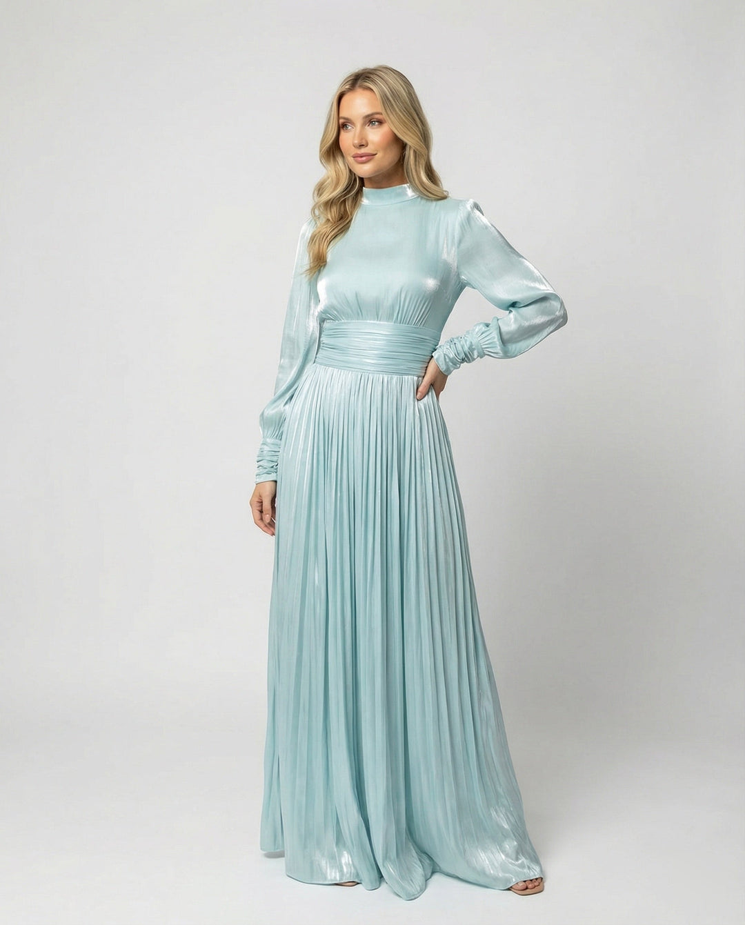 Damen Maxikleid mit langen Ärmeln und Plisseerock