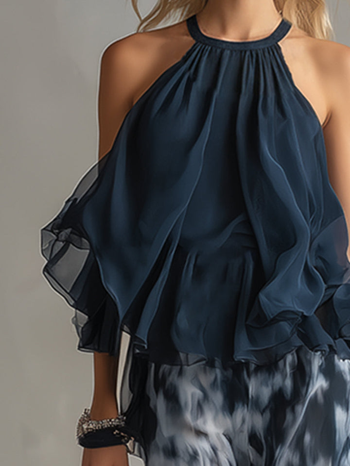 Ludovica | Schickes Ensemble für Damen mit hochgeschlossenem Blusenshirt und fließenden bedruckten Hosen