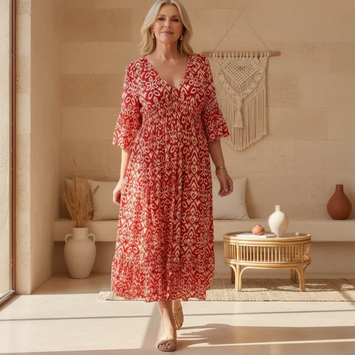 Lillia | Boho Bedrucktes Maxikleid für Damen mit V-Ausschnitt und kurzen Ärmeln