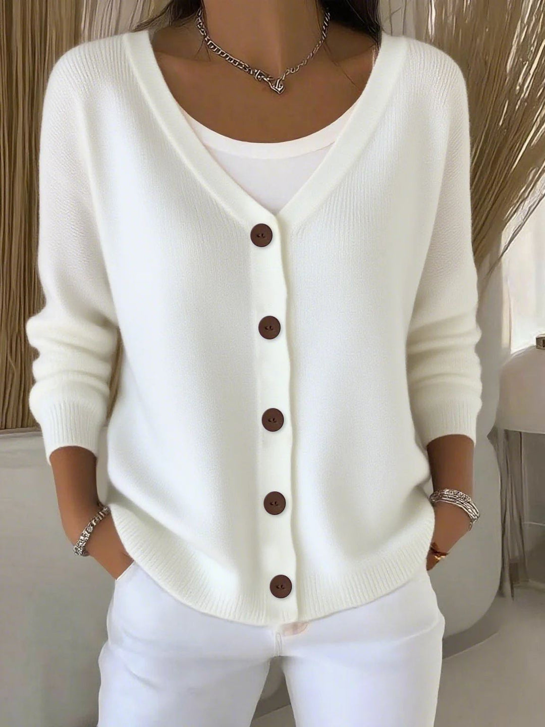 Olivia | Langarm V-Ausschnitt Knopf Pullover für Damen