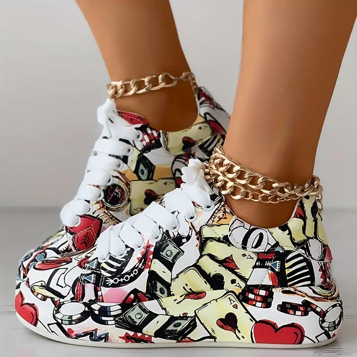 Mia | Damen Graffiti Druck Lage Turnschuhe mit niedrigem Absatz