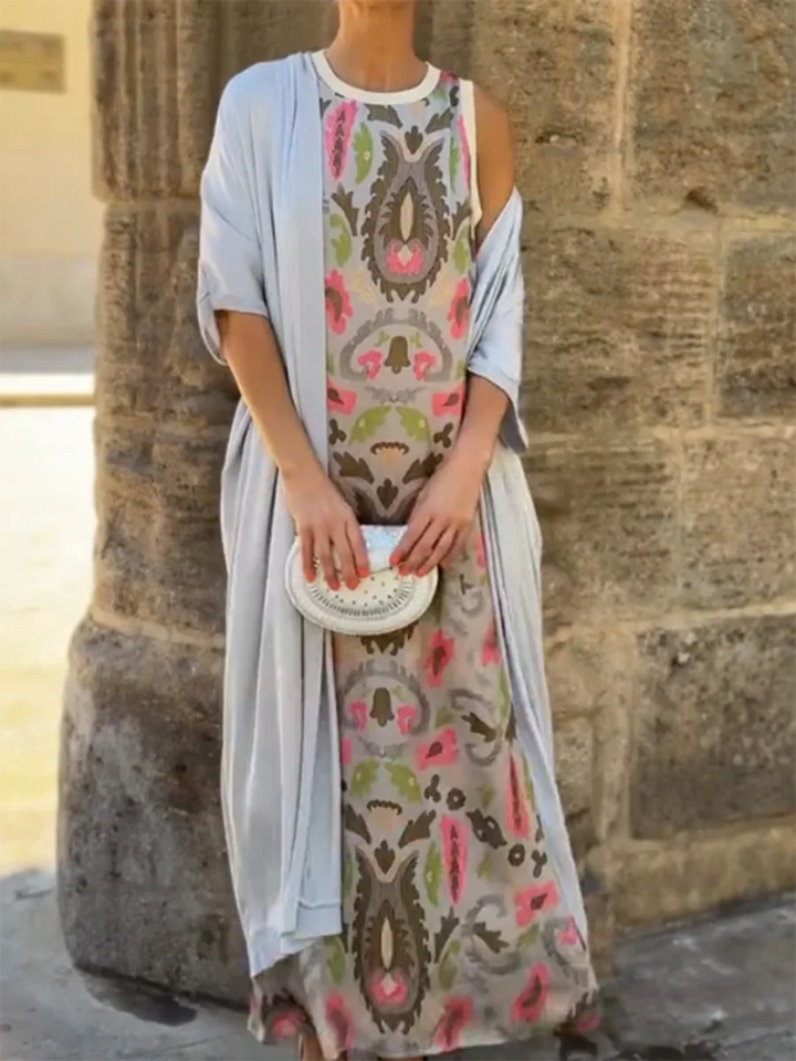 Delly | Bohemian Stil Zweiteiliges Maxikleid für Damen mit Rundhalsausschnitt