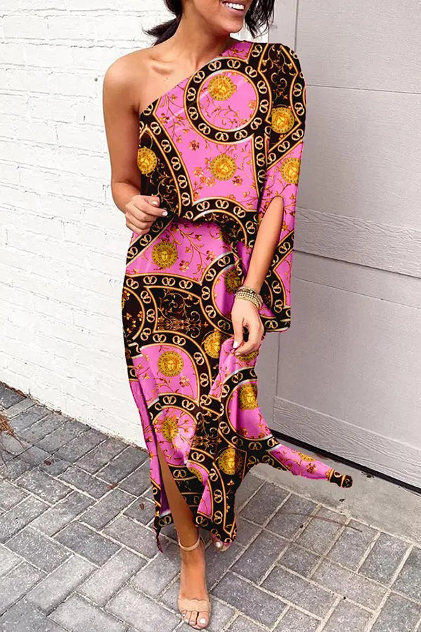 Rosie Ein-Schulter Bedrucktes Maxikleid für Damen mit Seitenschlitz