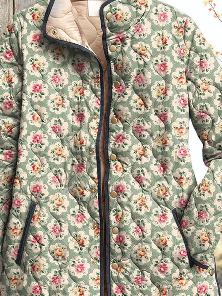 Damen Vintage Süße Jacke Kunstdruck mit Blumen und Rundhalsausschnitt