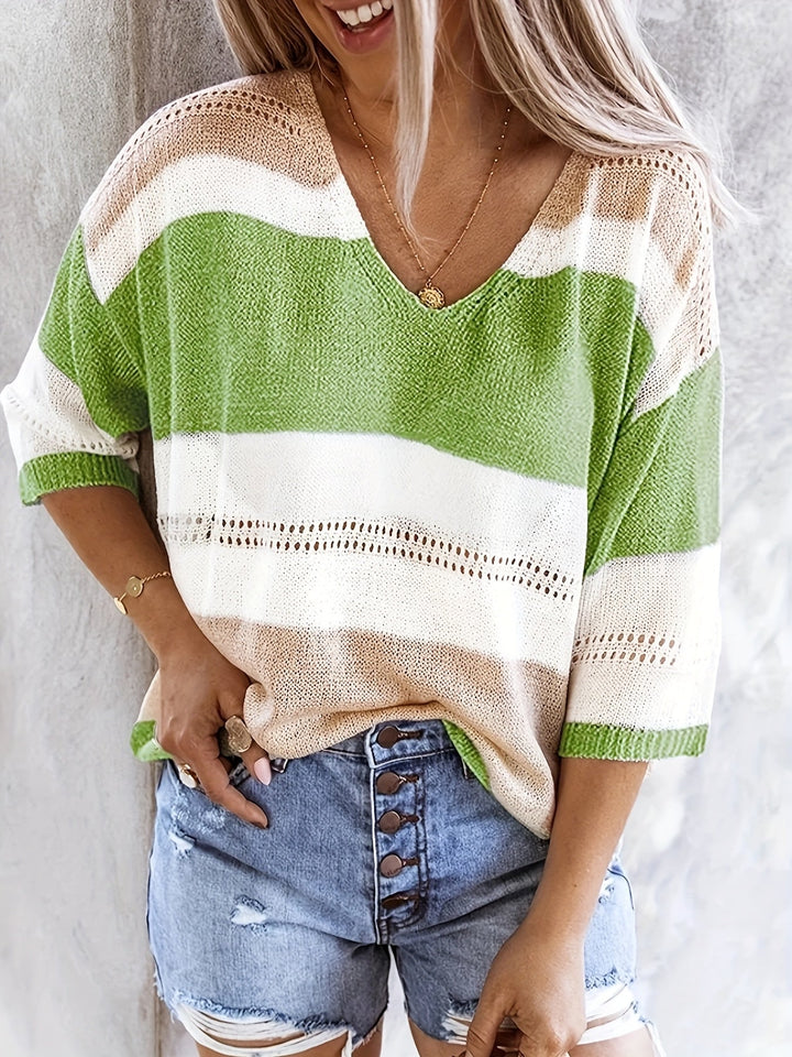 Olga | Lässiger gestreifter V-Ausschnitt Pullover für Damen