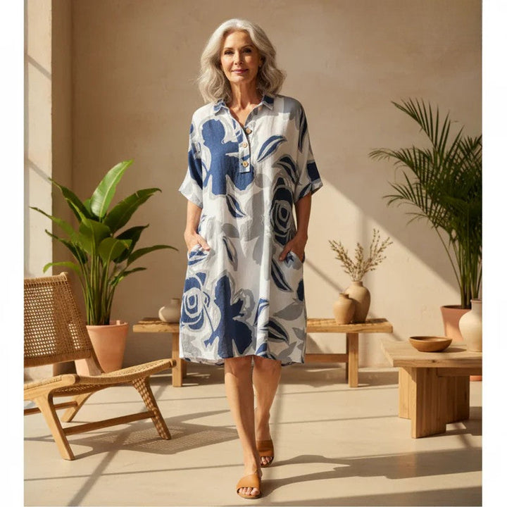 Bianca | Blumenhemdkleid für Damen mit V-Ausschnitt und kurzen Ärmeln