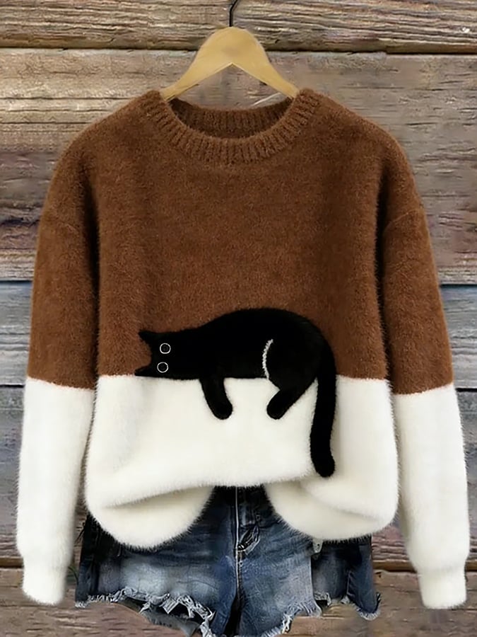 Damen Oversized Pullover mit Katzenmotiv und Farbblockdesign