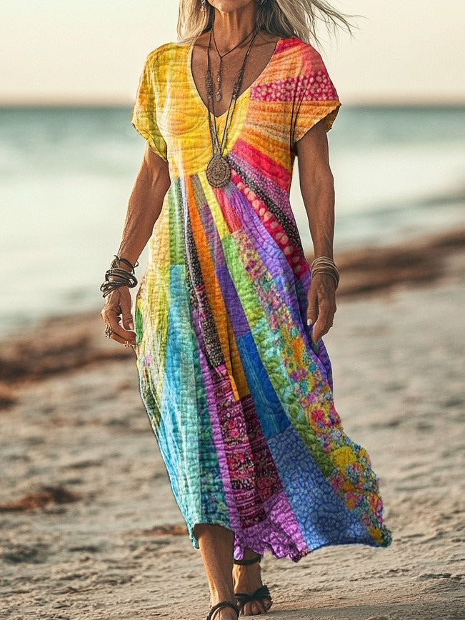 Boho-Chic Sonnenmuster Maxikleid für Damen mit V-Ausschnitt und langen Ärmeln