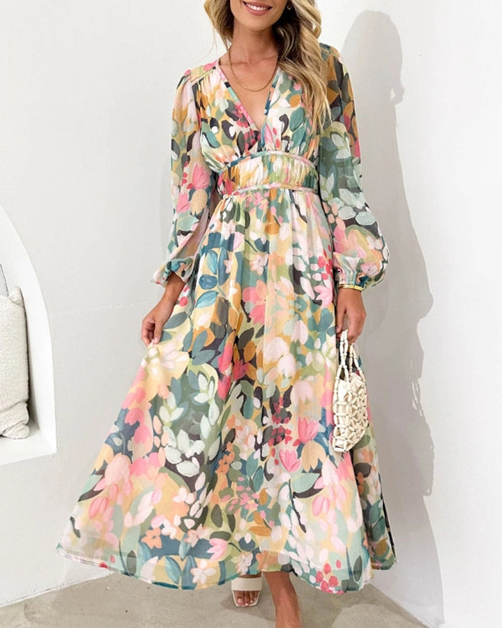 Sofie | Elegantes Geblümtes Midikleid für Damen mit V-Ausschnitt und 3/4-Ärmeln