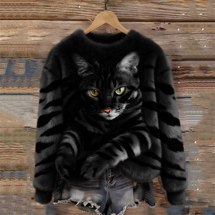 Gemütlicher Plüsch-Sweatshirt für Damen mit einem Tiger- und Tabby-Kätzchen-Design