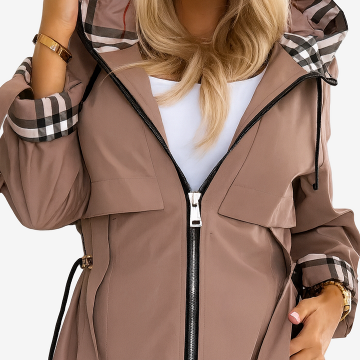 Nathalie | Eleganter Moderner Trenchcoat für Damen mit Karomuster und Kapuze