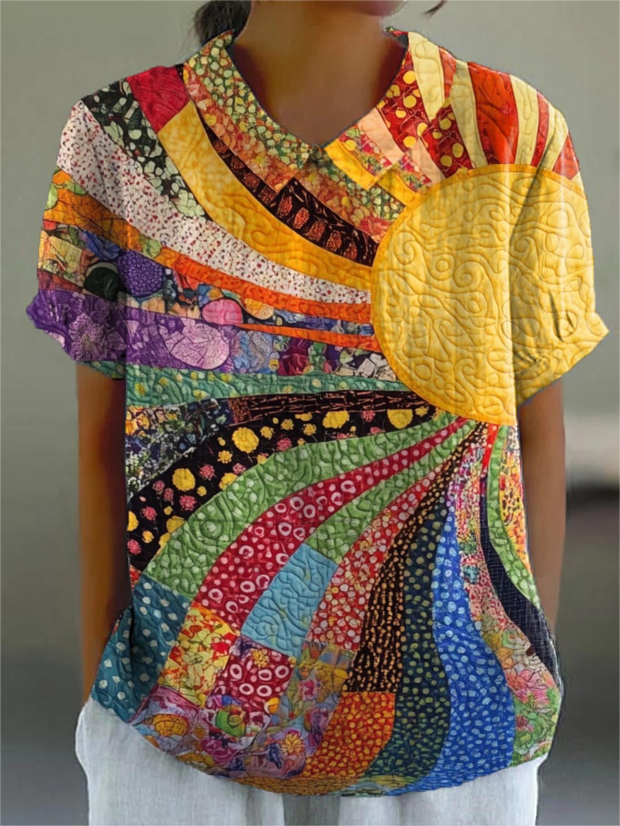 Lila | Sonnenstrahlen Patchwork-Shirt für Damen mit Rundhalsausschnitt