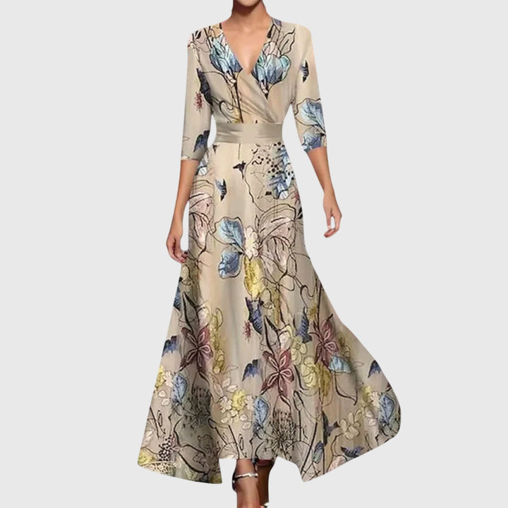 Leila | Elegantes Chic Midikleid für Damen mit Blumenmuster und V-Ausschnitt