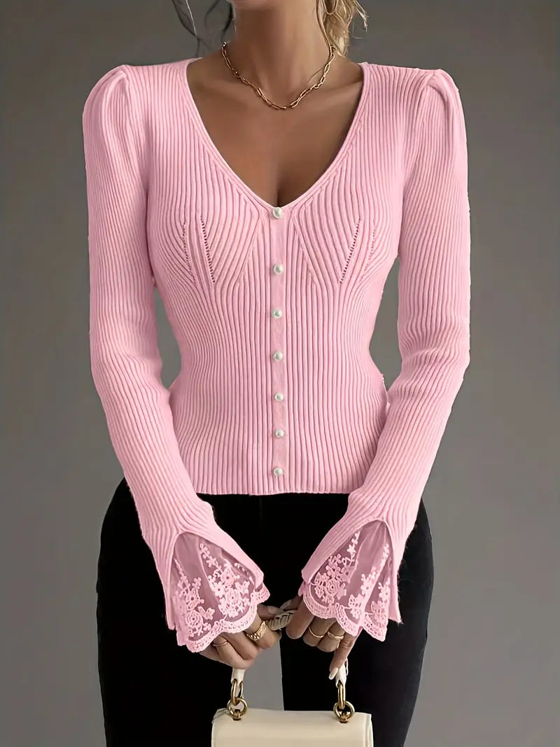 V-Ausschnitt Rippentop Cardigan für Damen mit ärmeln und Blumenmuster