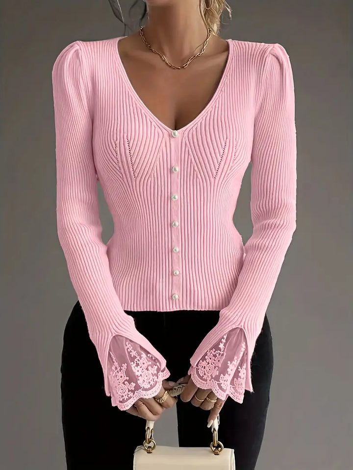 V-Ausschnitt Rippentop Cardigan für Damen mit ärmeln und Blumenmuster