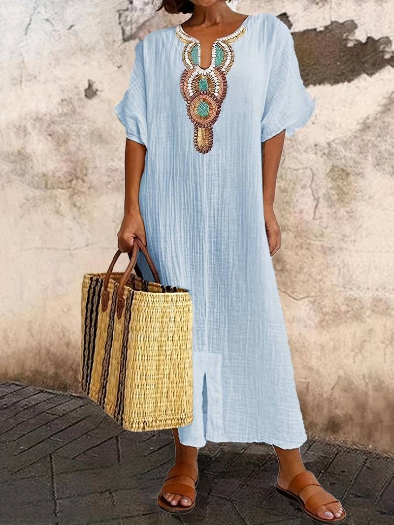 Demi | Boho Maxi Split Kleid für Damen mit Ausschnitt und kurzen Ärmeln