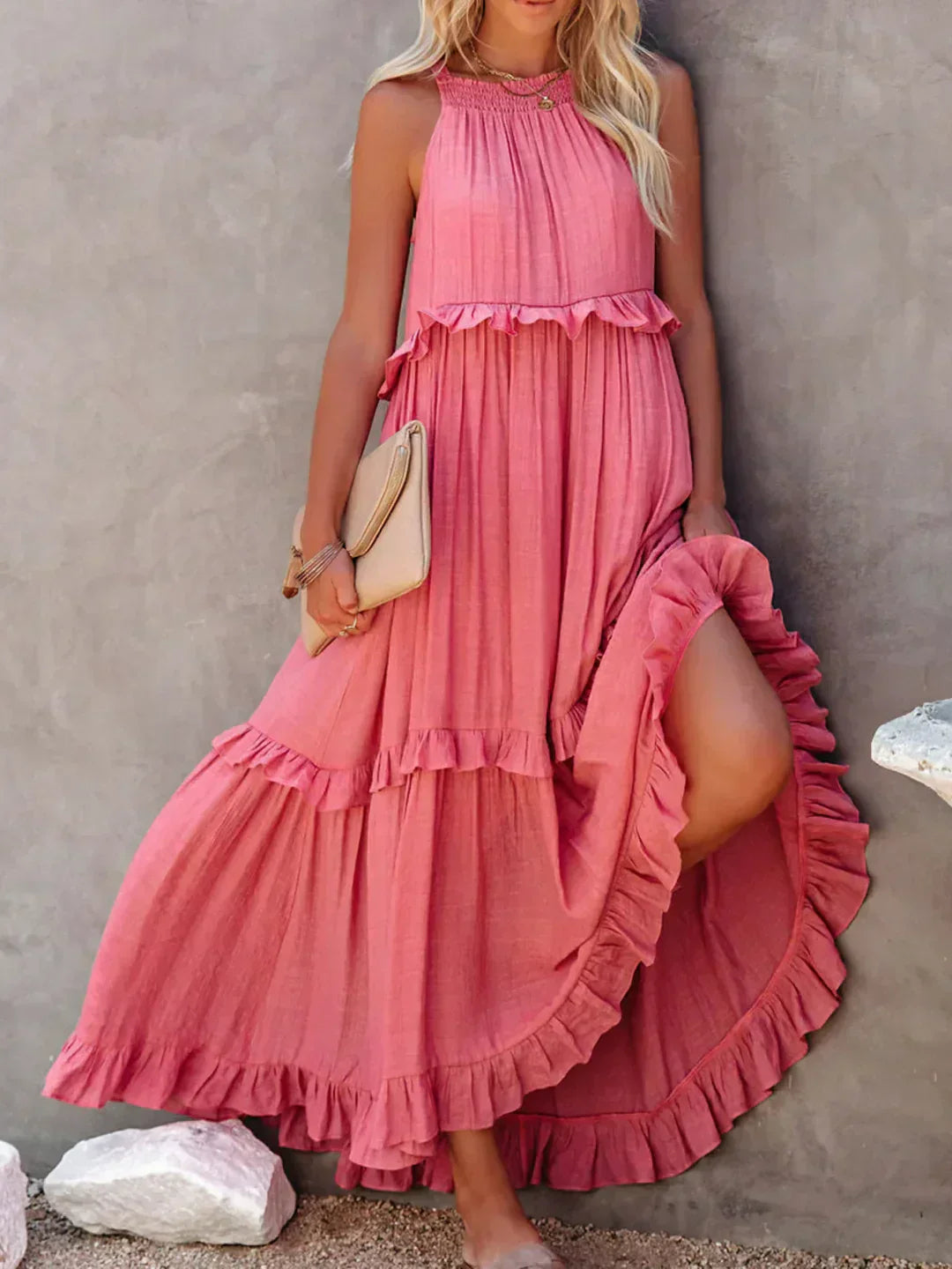 Emilia | Halter Ruffle Maxi Kleid mit langen Ärmeln