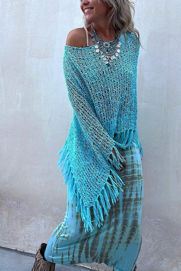 Sonnenuntergangsbrise Quasten Strick Cover-Up für Damen mit Ausschnittdetails