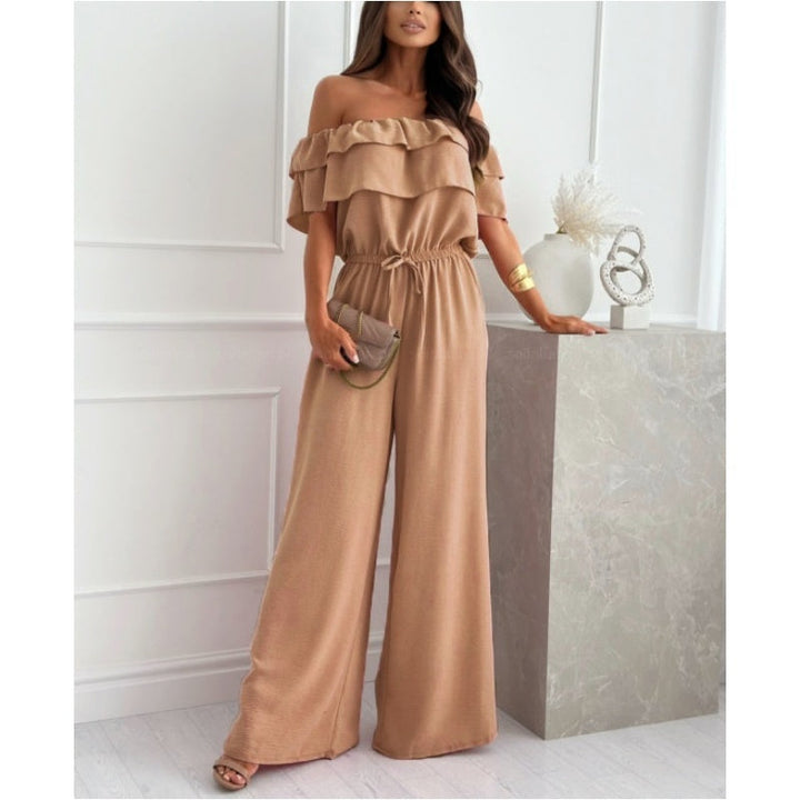 Damen Off-Shoulder Jumpsuit mit weitem Bein, Rüsche und Kordelzug
