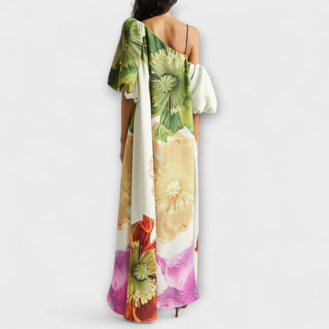 Florales asymmetrisches Maxikleid für Damen mit asymmetrischem Ausschnitt