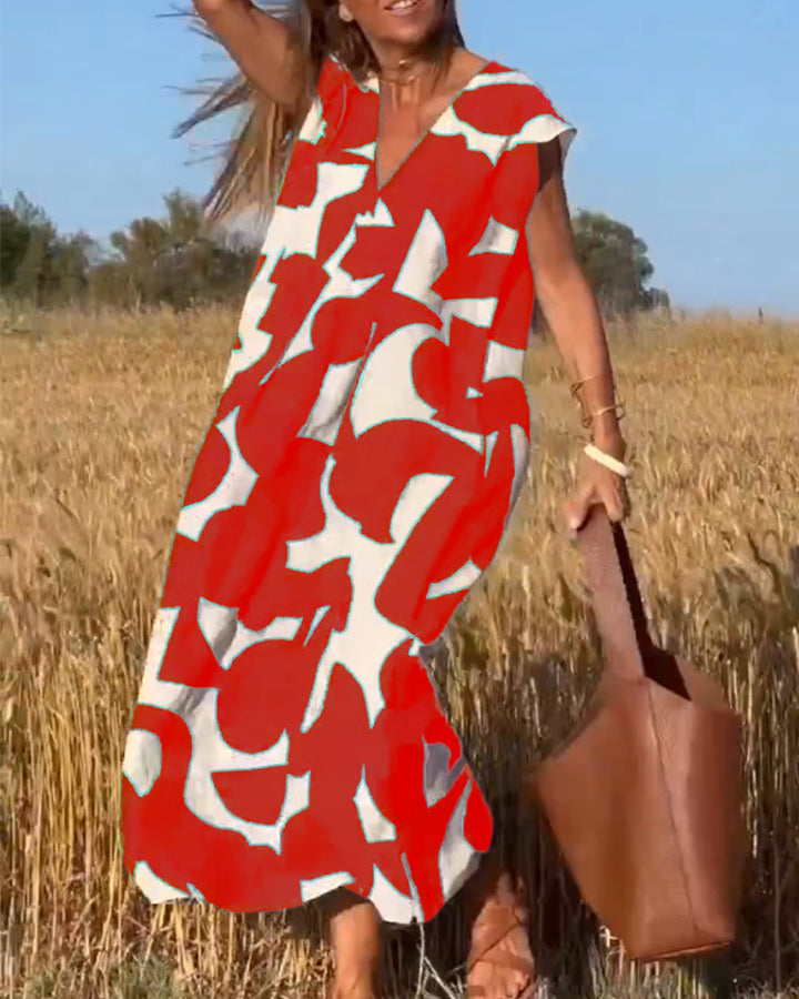 Kendall | Lässiges Abstract Midikleid für Damen mit V-Ausschnitt und kurzen Ärmeln