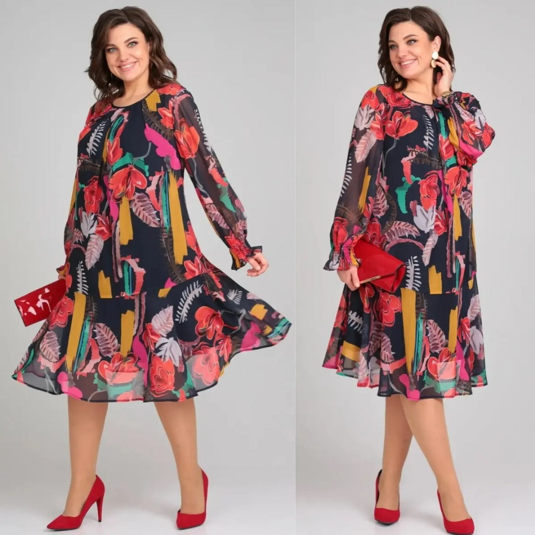 Andrea | Modisches Blumenkleid für Damen mit Rundhalsausschnitt und langen Ärmeln