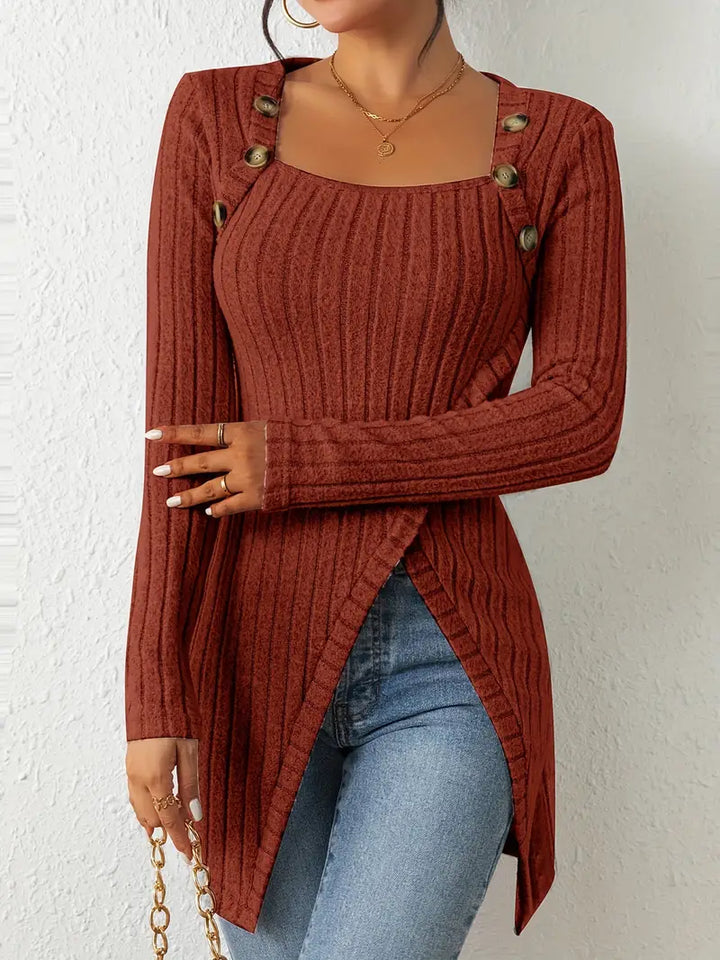 Julia | Asymmetrisches Top für Damen mit Knöpfen und Rippenstruktur