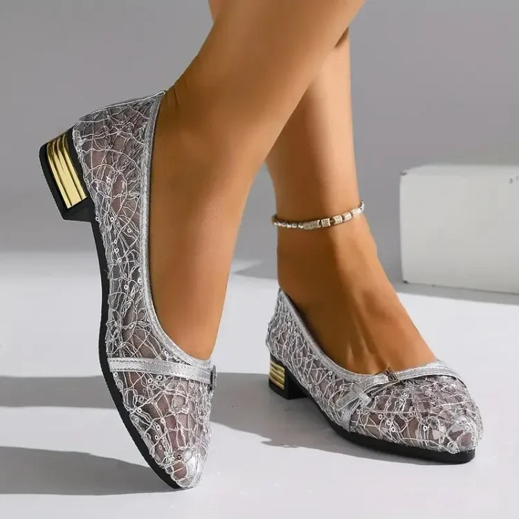 Damen Freizeit Slipper und Mesh mit niedrigem Absatz und Blumenmuster