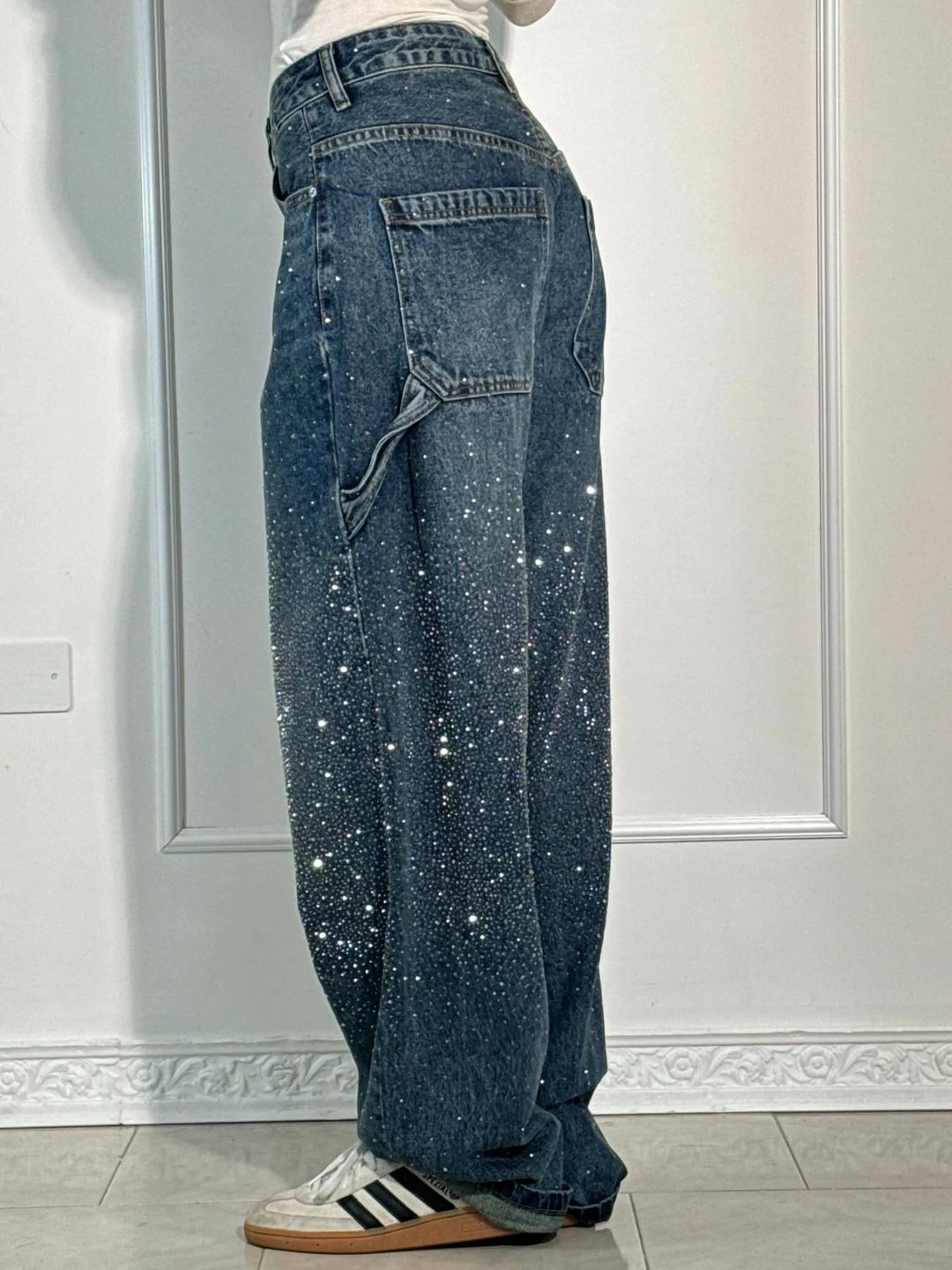 Glänzende Carpenter-Style Denim-Jeans für Damen mit weiter Passform und hohem Bund