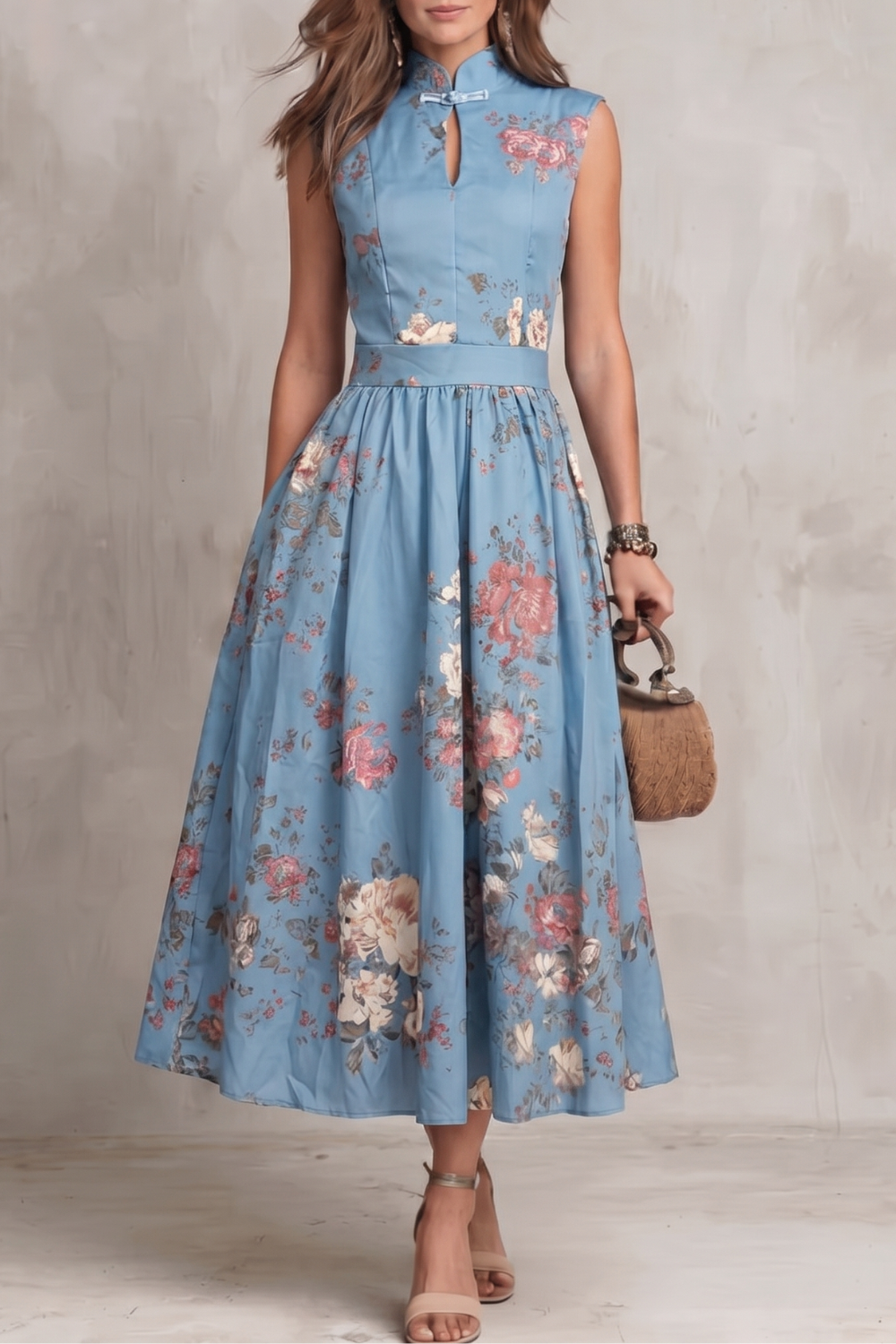 Elena | Damen ärmelloses Midikleid mit Blumenmuster