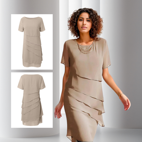Elara | Geschichtetes Midikleid für Damen mit Rundhalsausschnitt und kurzen Ärmeln
