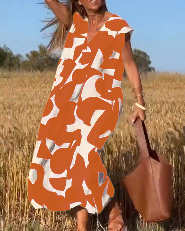 Kendall | Lässiges Abstract Midikleid für Damen mit V-Ausschnitt und kurzen Ärmeln